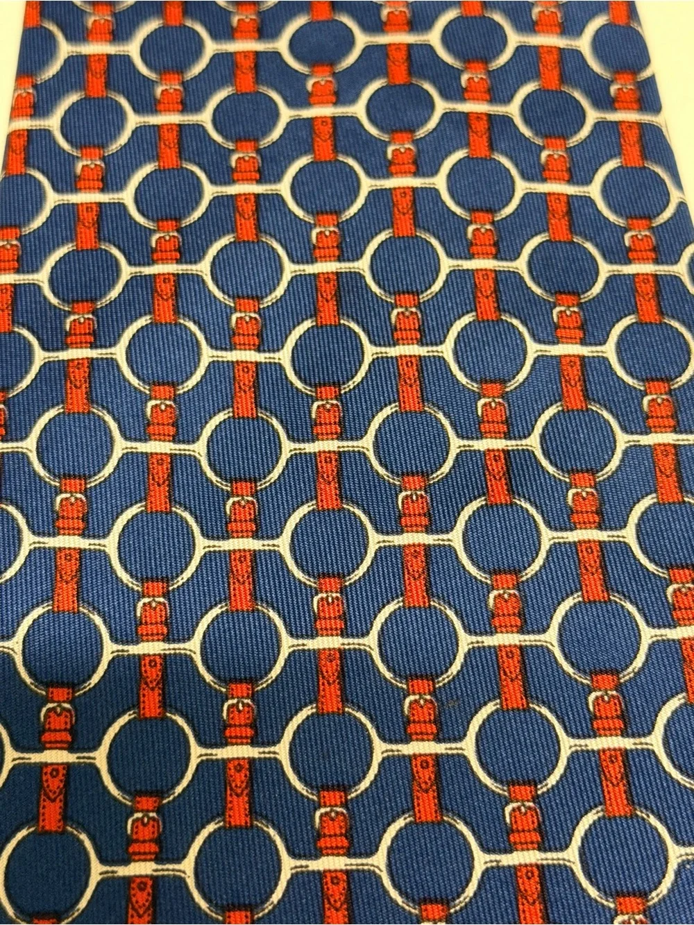 Hermes Men's Tie Honeycomb Bridle Clover Chain Navy/Red Designer 627 TA